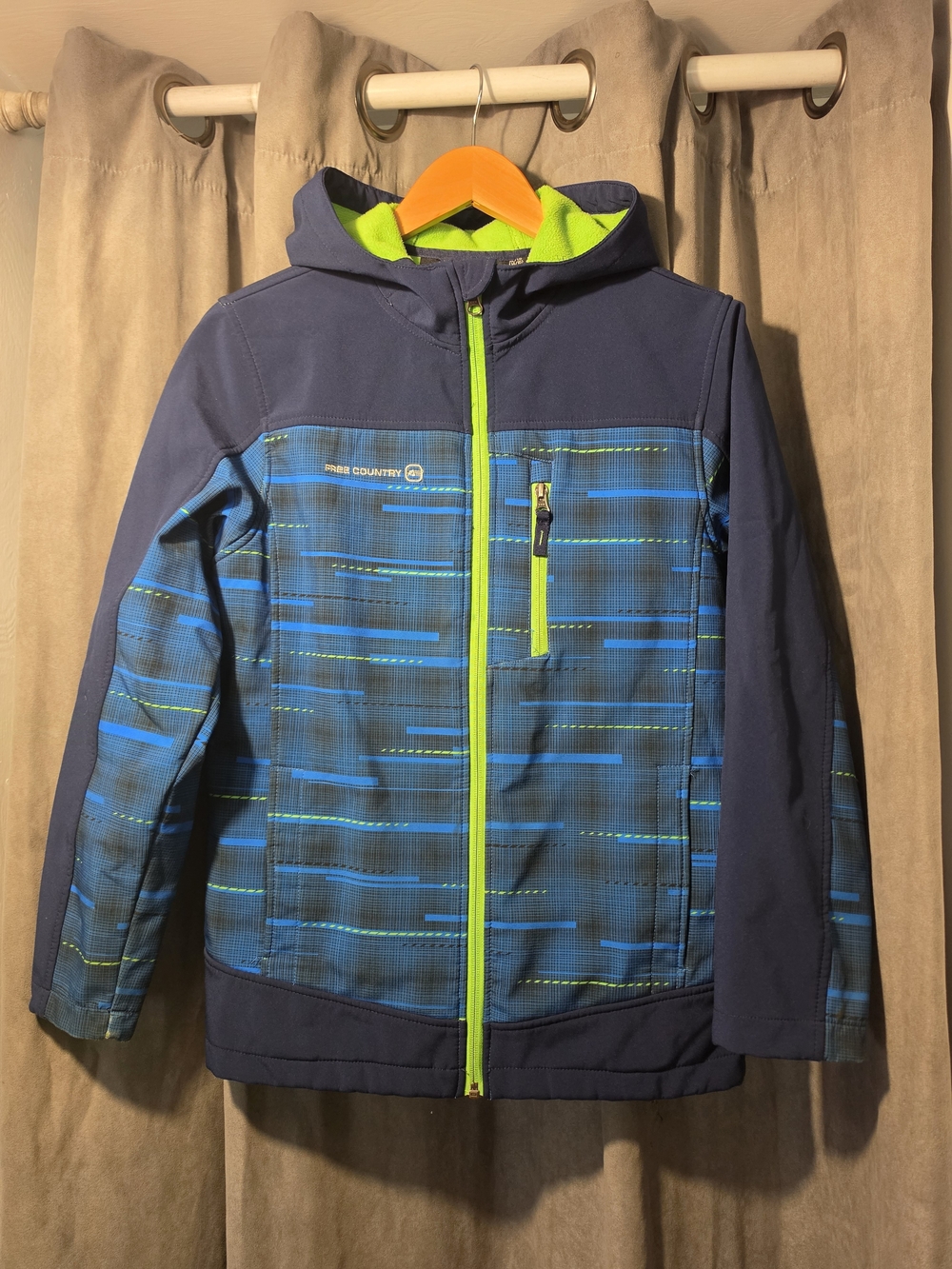 Free Country Blue Jacket with Neon Green Trim - Kids Hooded Puffer